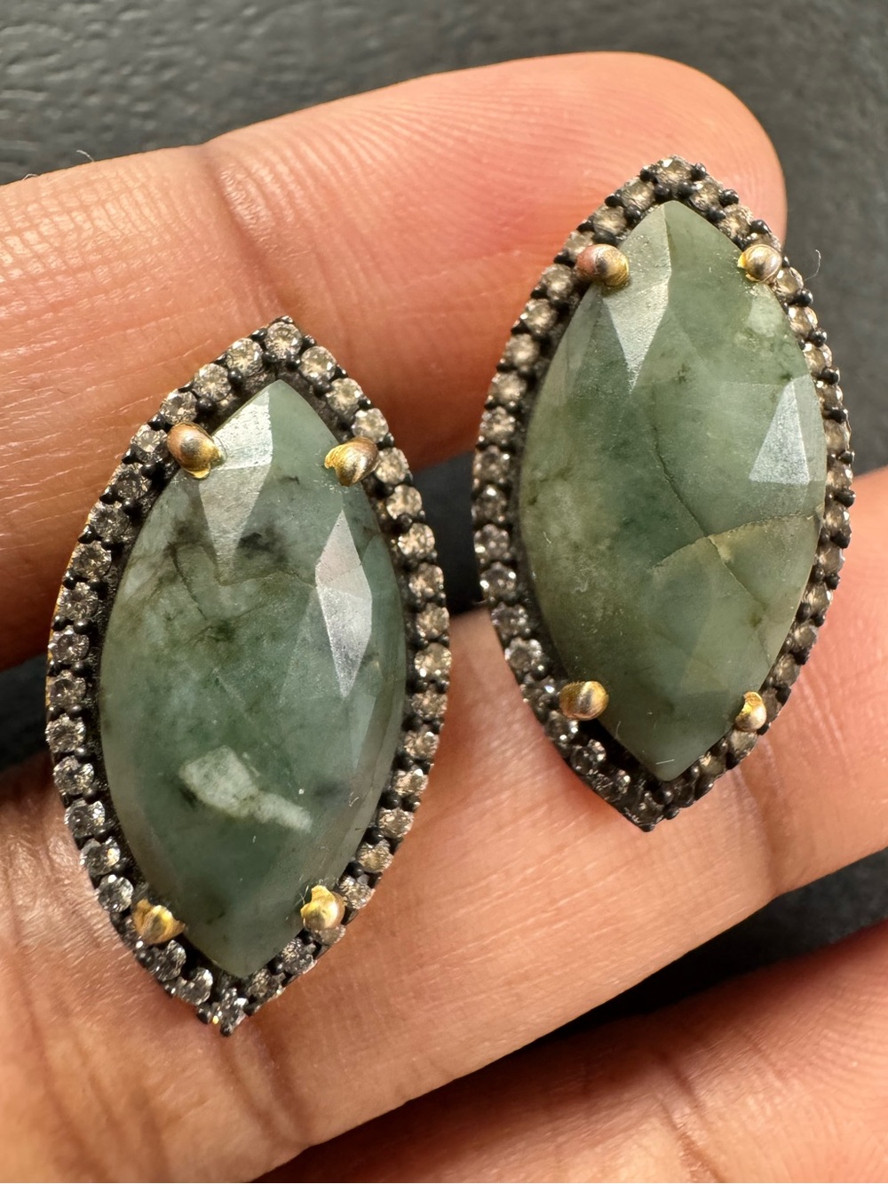 Green Marquise Stone Stud Earrings with Pavé Halo